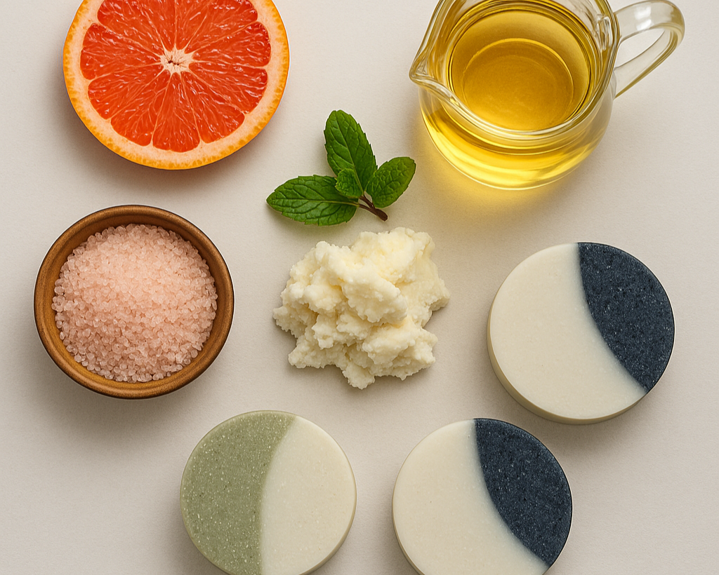 Soap making ingredients and pictures of salt bars