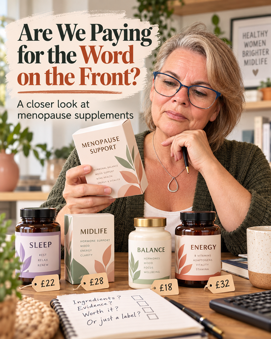 Woman examining a menopause supplement box beside priced bottles, with the headline ‘Are we paying for the word on the front?