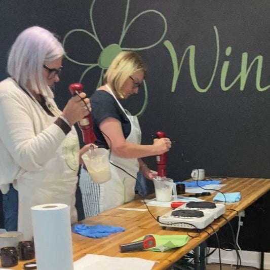 Two ladies taking time out for themselves to enjoy a skin care workshop. It’s set in a beautiful light filled workshop