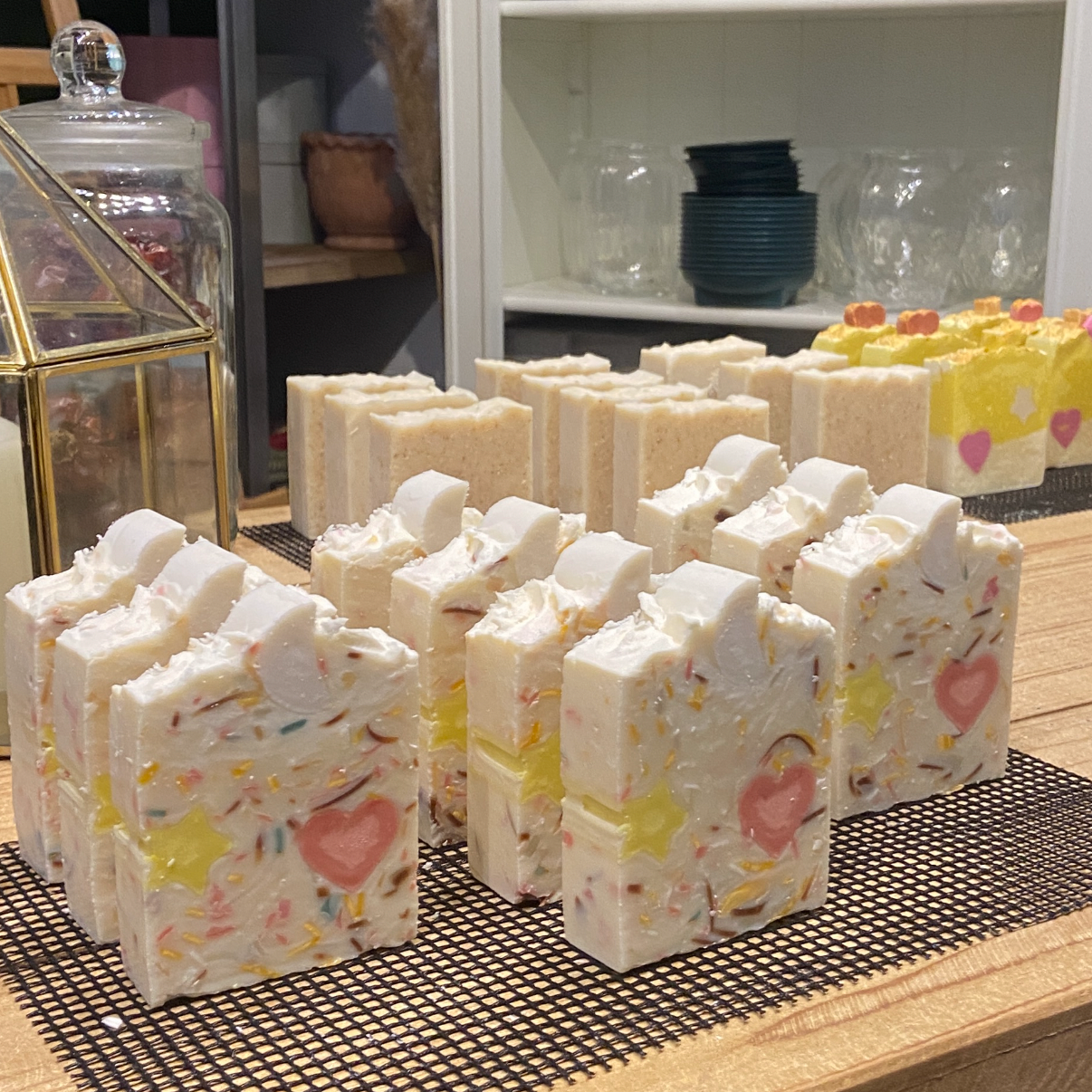 Handmade confetti soap bar with colourful embeds and heart design, created at a soap making workshop in Tarleton, Lancashire