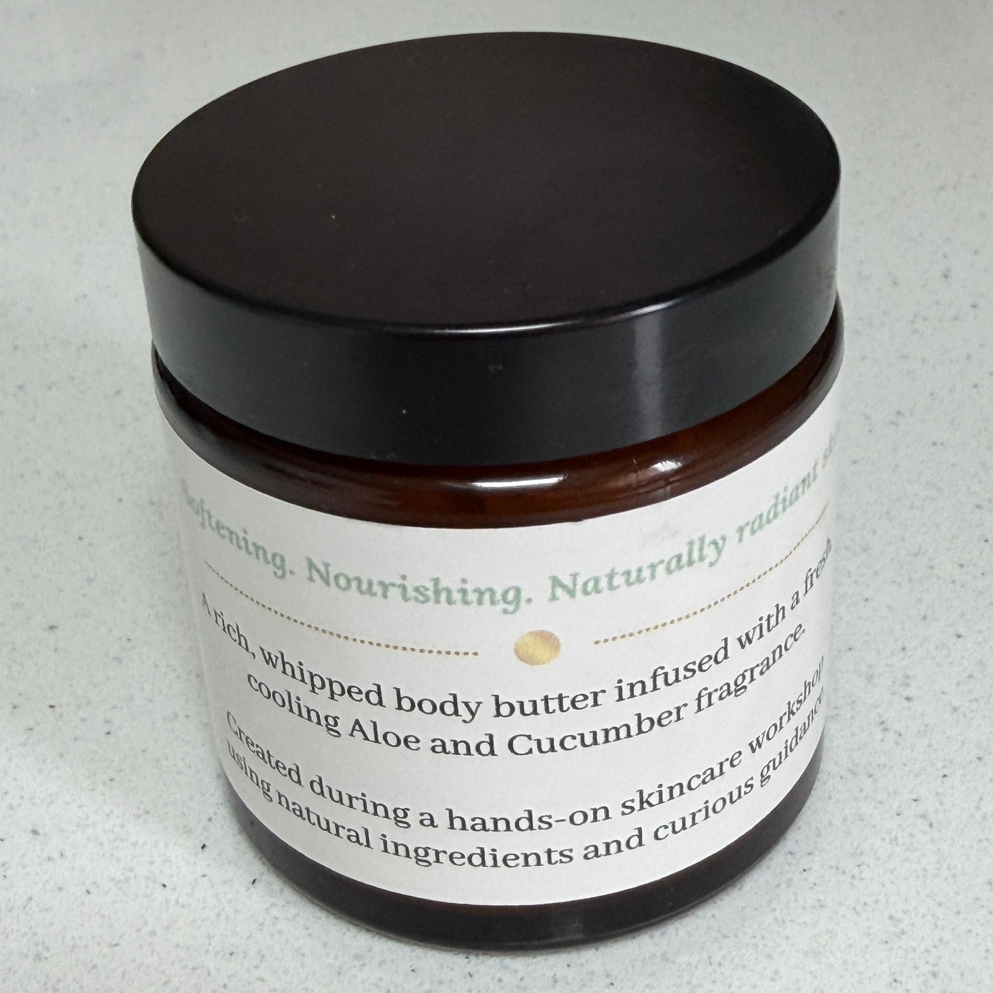 Jar of Aloe & Cucumber Whipped Body Butter handmade in Lancashire by Ita's Natural Essentials, enriched with nourishing botanical ingredients.