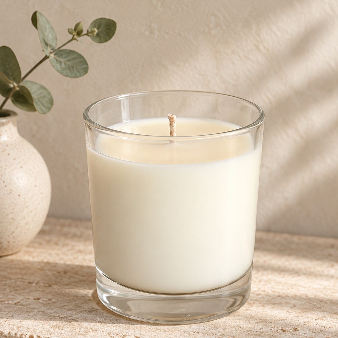 220g clear glass candle on a natural stone mantel with warm neutral styling