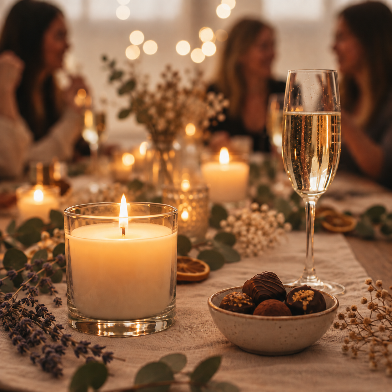 Candle making workshop evening — lit soy candle in glass vessel, Prosecco, chocolate truffles and dried botanicals on a styled table, women socialising in background.