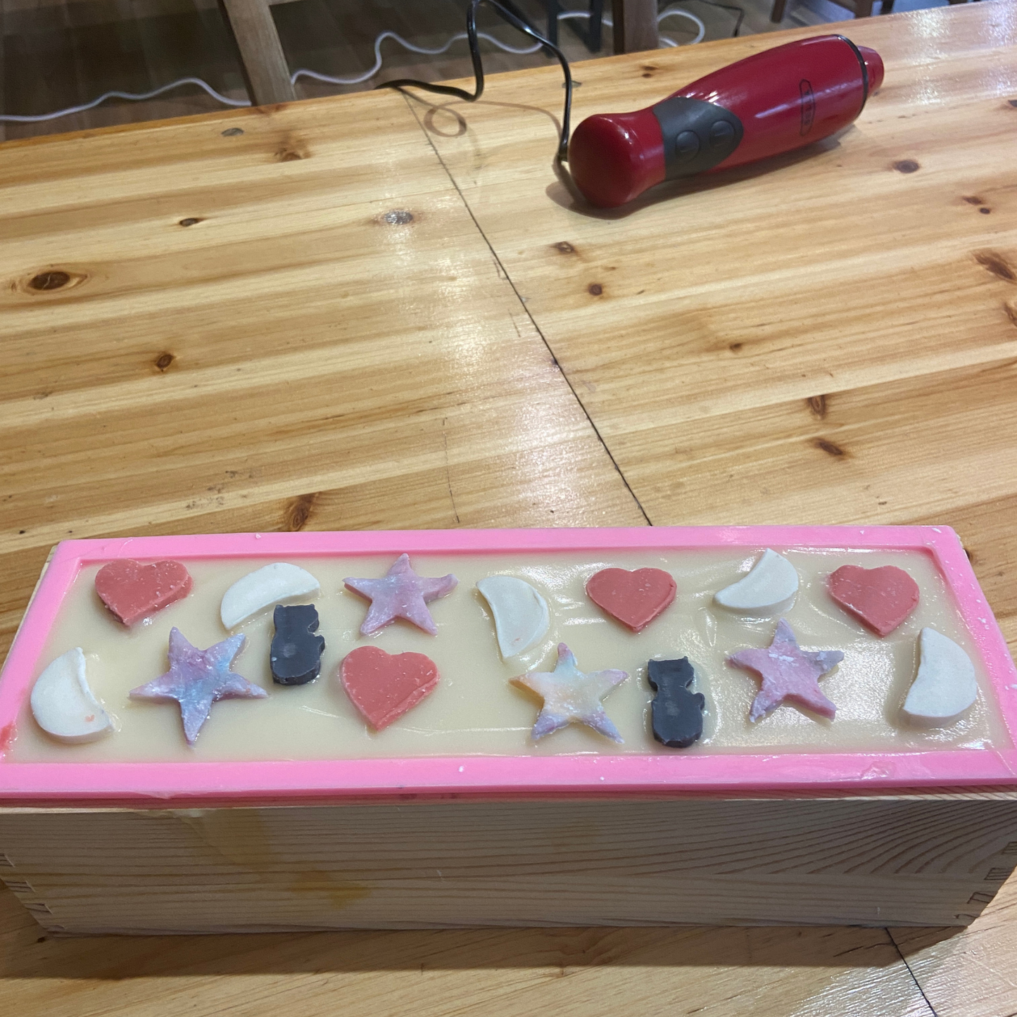 A picture of a handmade Confetti and Embeds  Soap Loaf made at Ita’s Soap Making Workshop