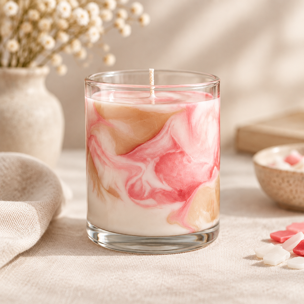 A marbled candle in a clear glass jar with swirling pink, white and beige wax