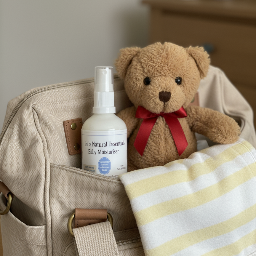 Dreamy Baby Moisturiser in carry bag with teddy