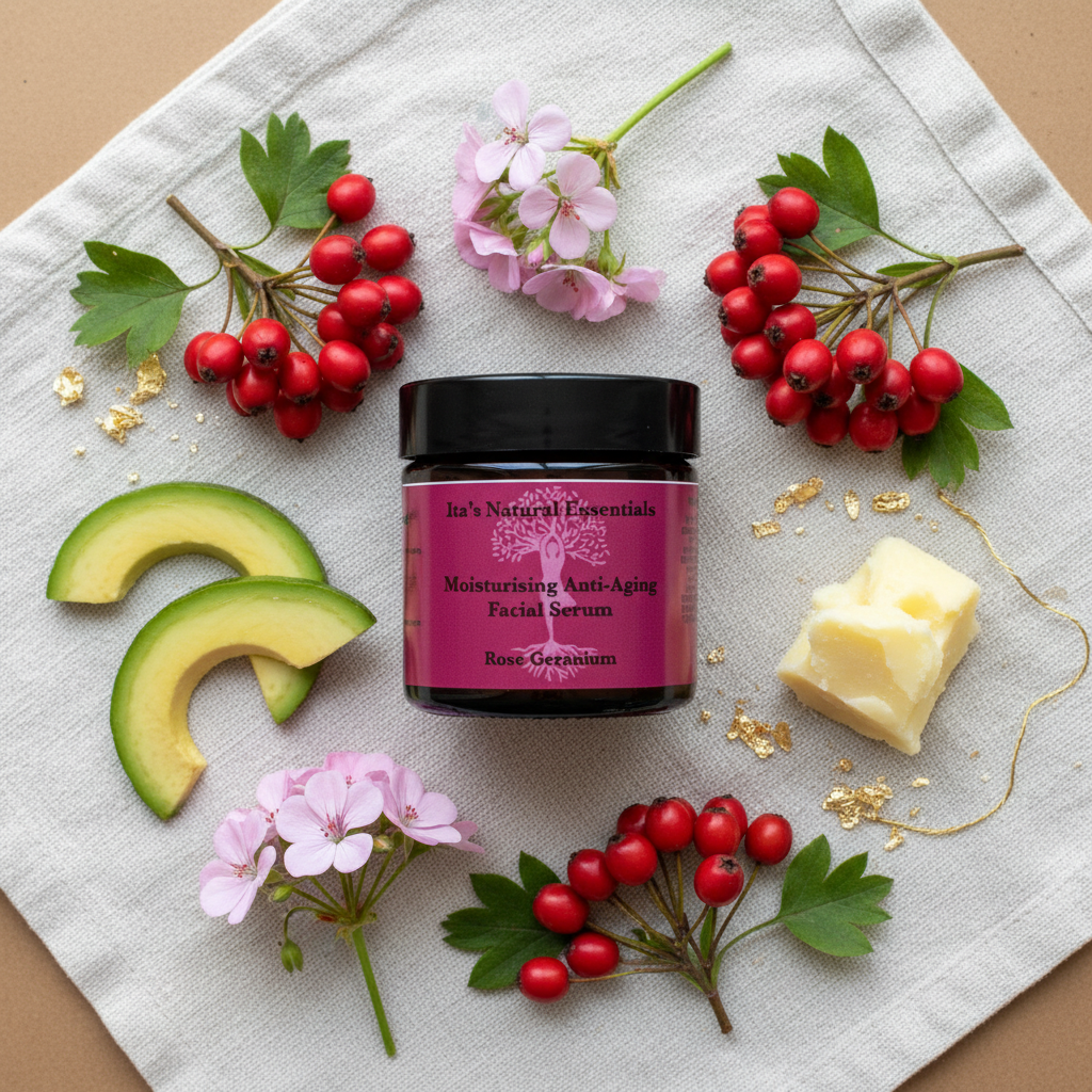 Natural midlife moisturiser for dry, hormonal or sensitive skin. Firms, hydrates and restores glow.
Vegan, cruelty-free and UK handcrafted. - itasnaturalessentials.com