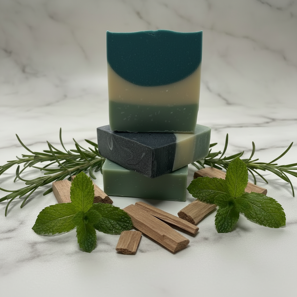 Bright soap with botanicals on marble