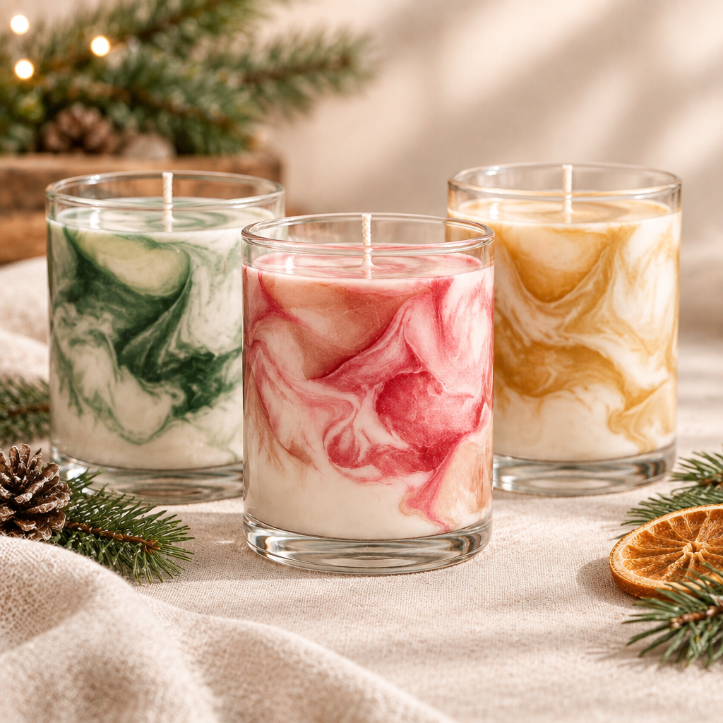 Christmas marbled candle concept in green, red and gold