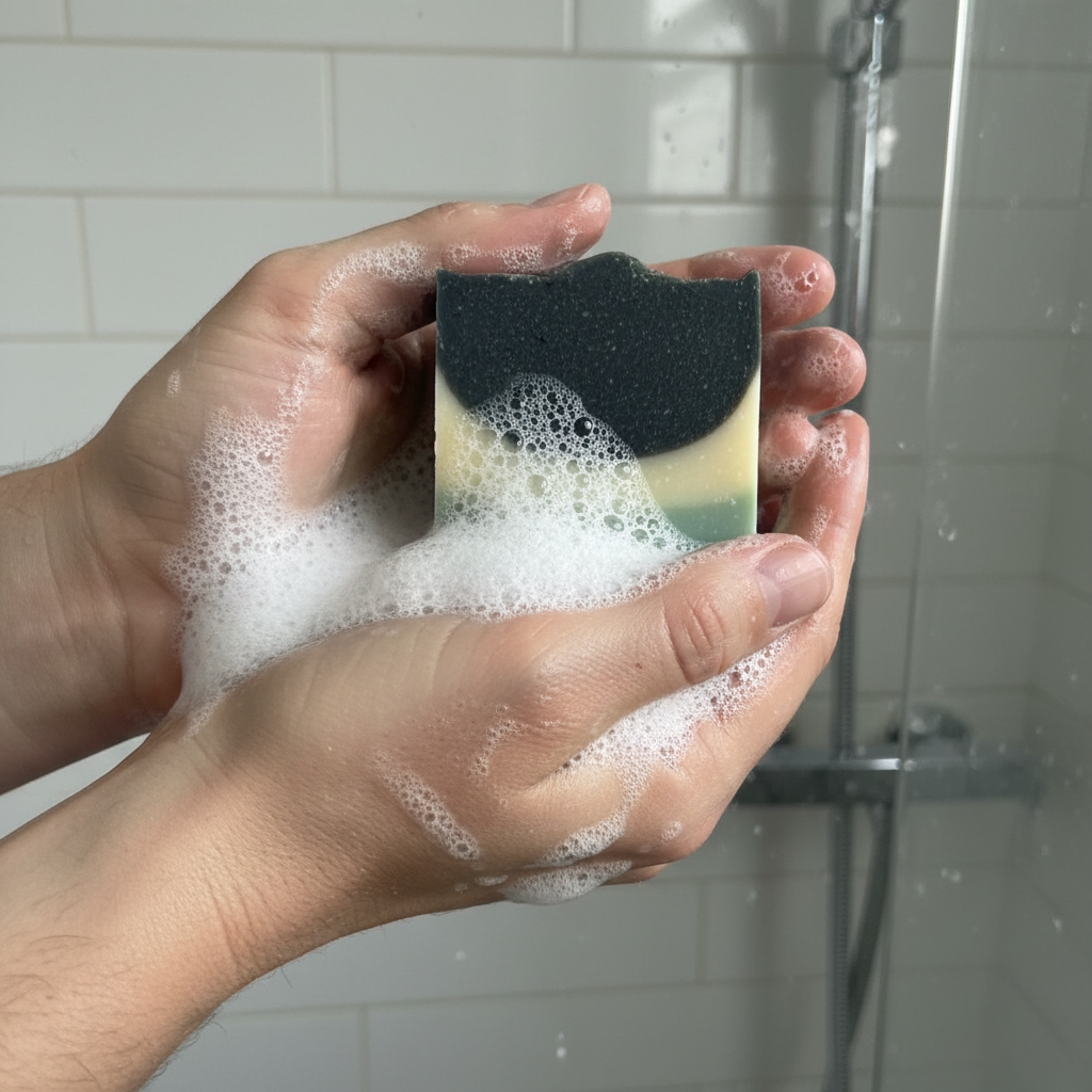 Hands using artisan soap with lather
