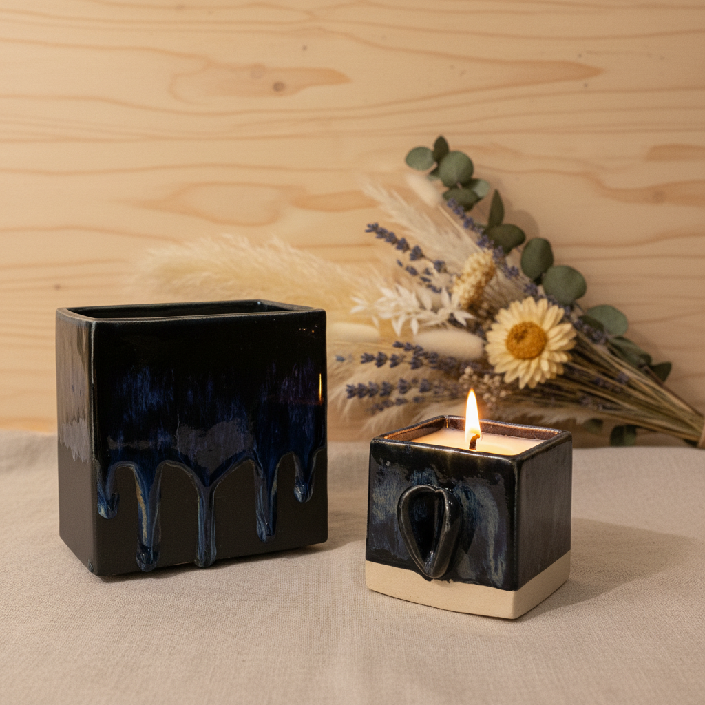 Soya wax candle with wooden wick in square gold drip glaze pottery container