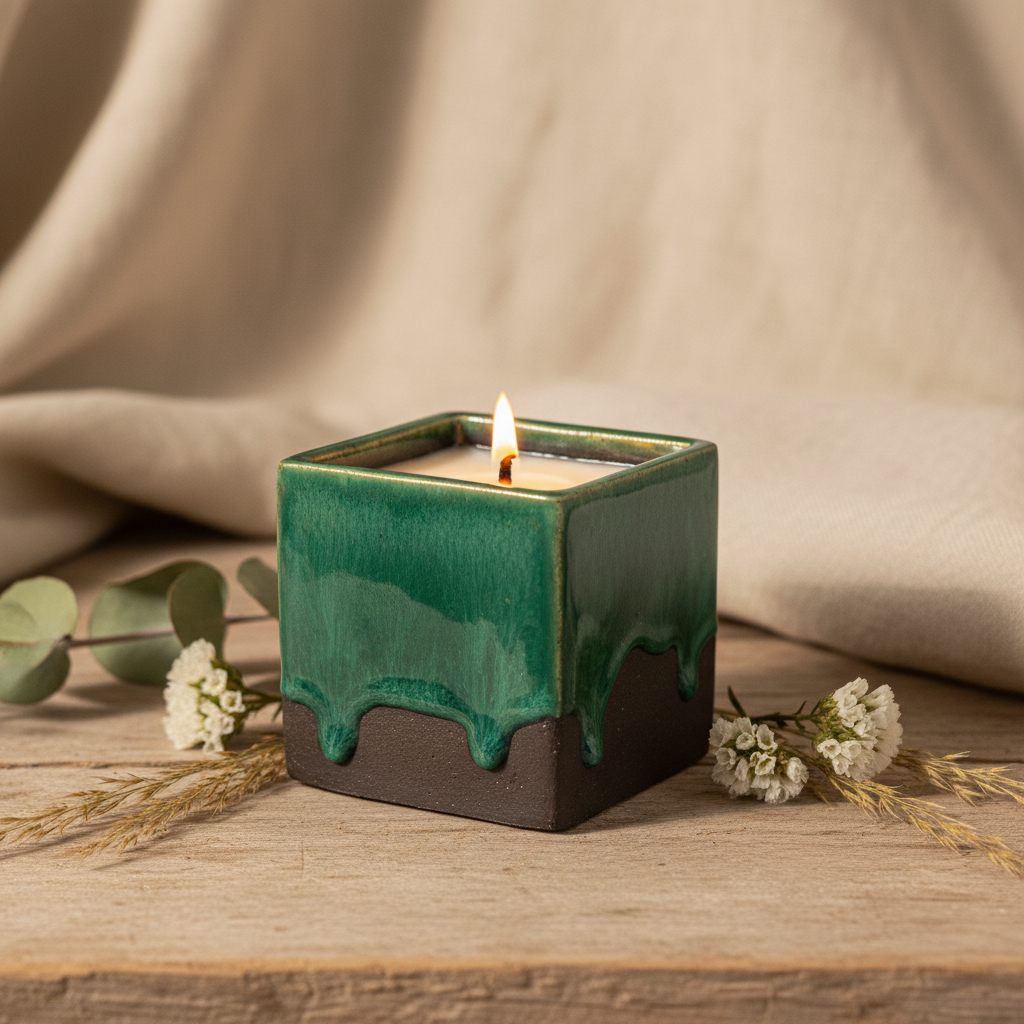 Soya wax candle with wooden wick in square green drip glaze pottery container