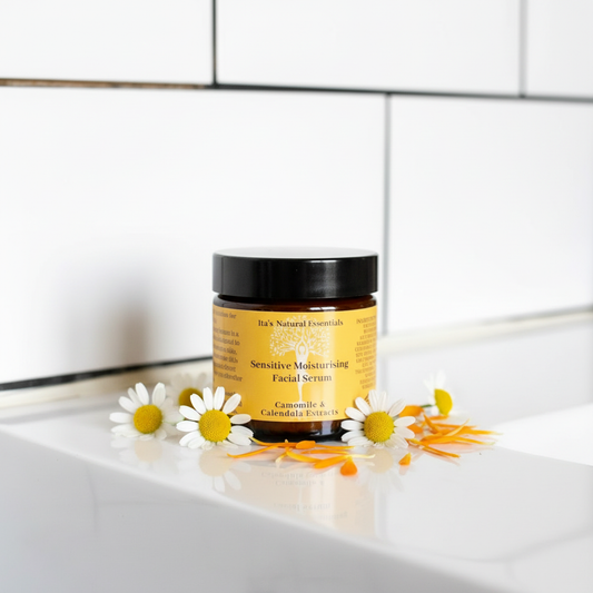 Sensitive Moisturising Facial Serum — Camomile & Calendula.
For adults with sensitive, reactive skin. Unfragranced and ultra-gentle, formulated for eczema-prone, weather-reactive or post-treatment skin that needs calm, not more to react to. 60ml - itasnaturalessentials.com