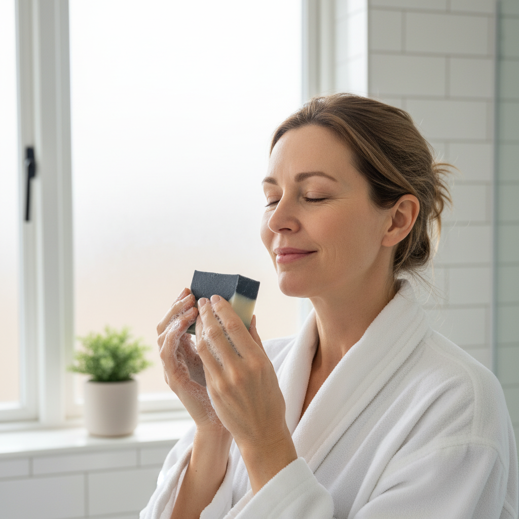Middle-aged person enjoying artisan soap scent