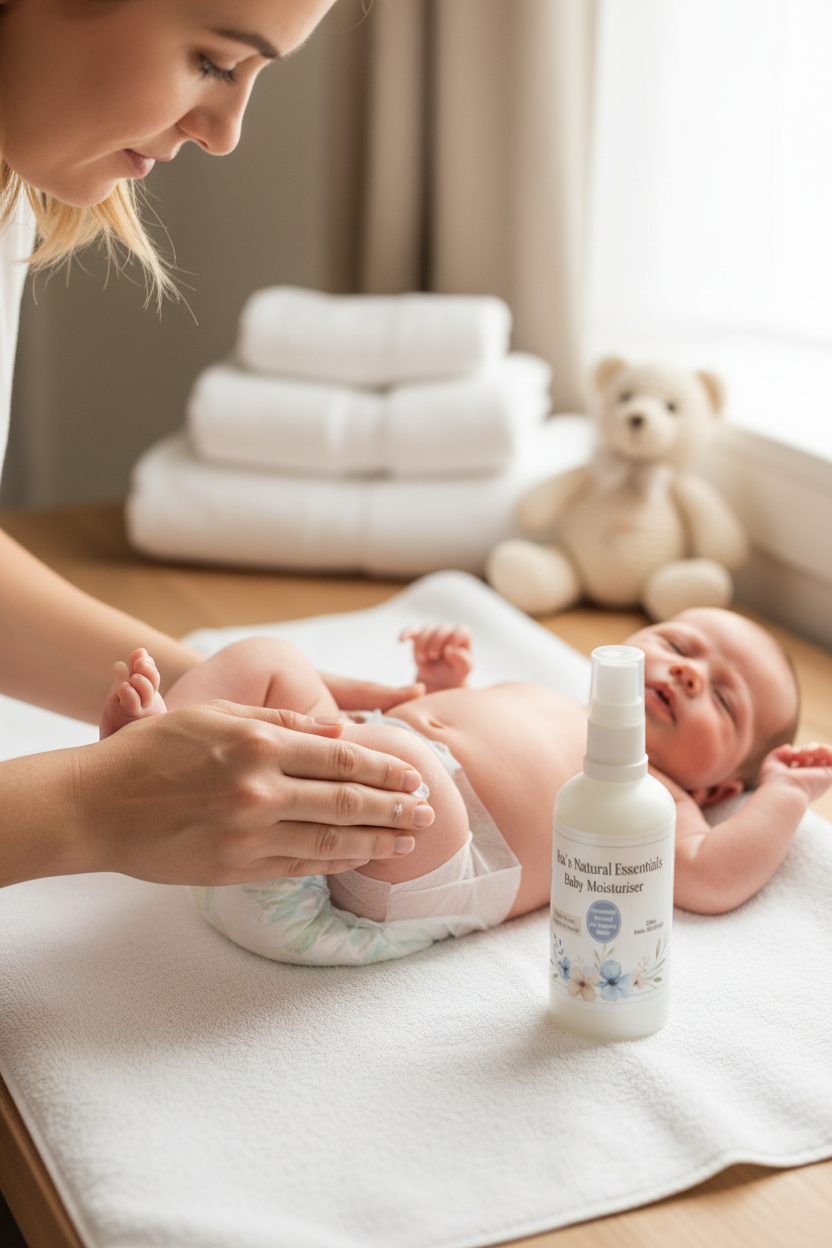 Mother applying baby moisturiser during nappy change