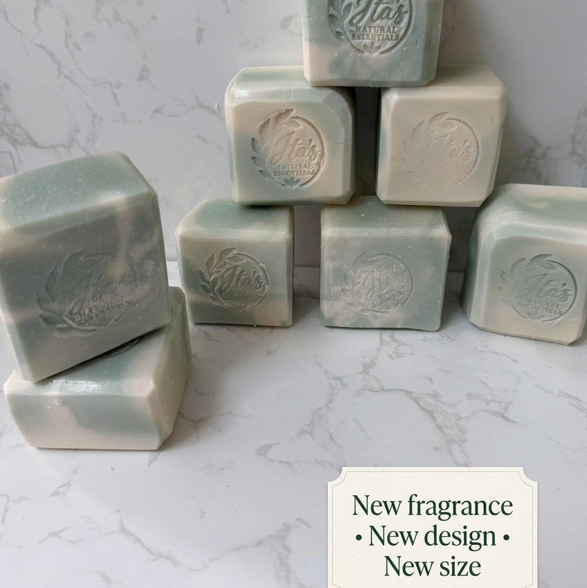 Soap promotional photo with a new fragrance, new design and new size badge