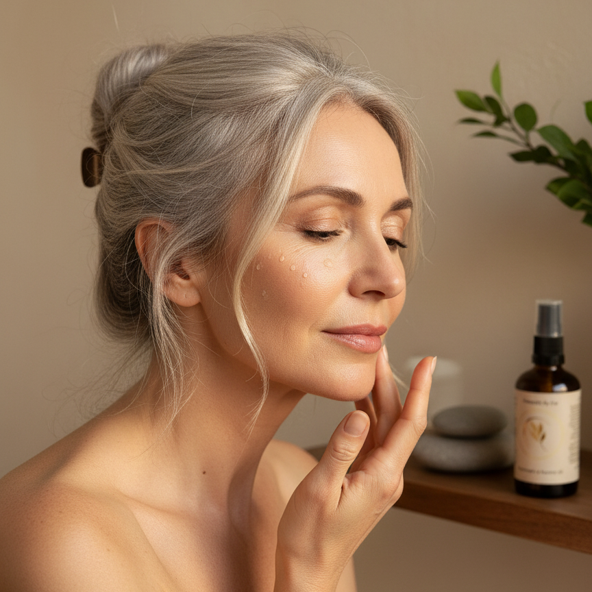 Woman with hair up applying Rejuvenate & Restore Oil