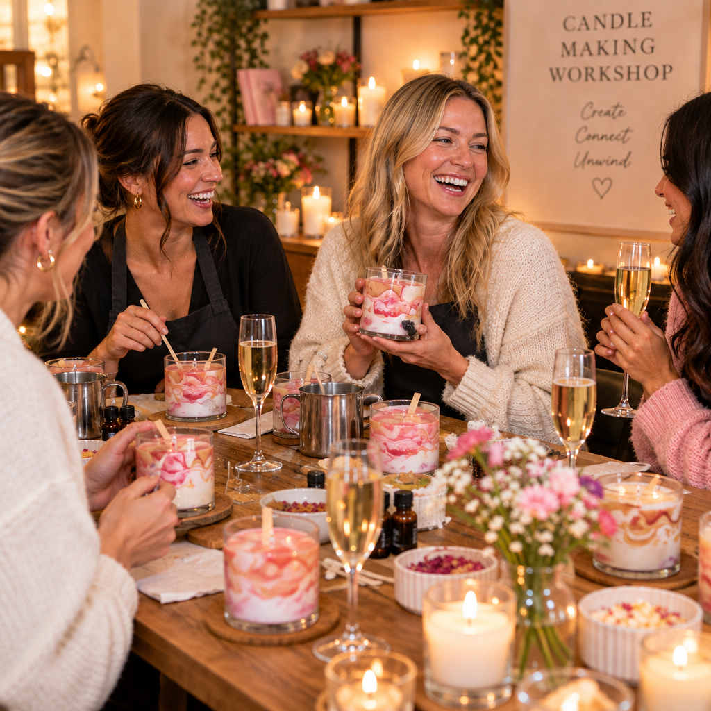 Women making marbled candles at Ita's Natural Essentials candle workshop evening, enjoying wine and chocolates while chatting