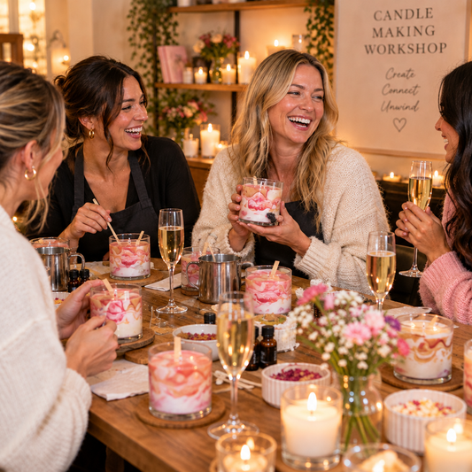 Women making marbled candles at Ita's Natural Essentials candle workshop evening, enjoying wine and chocolates while chatting