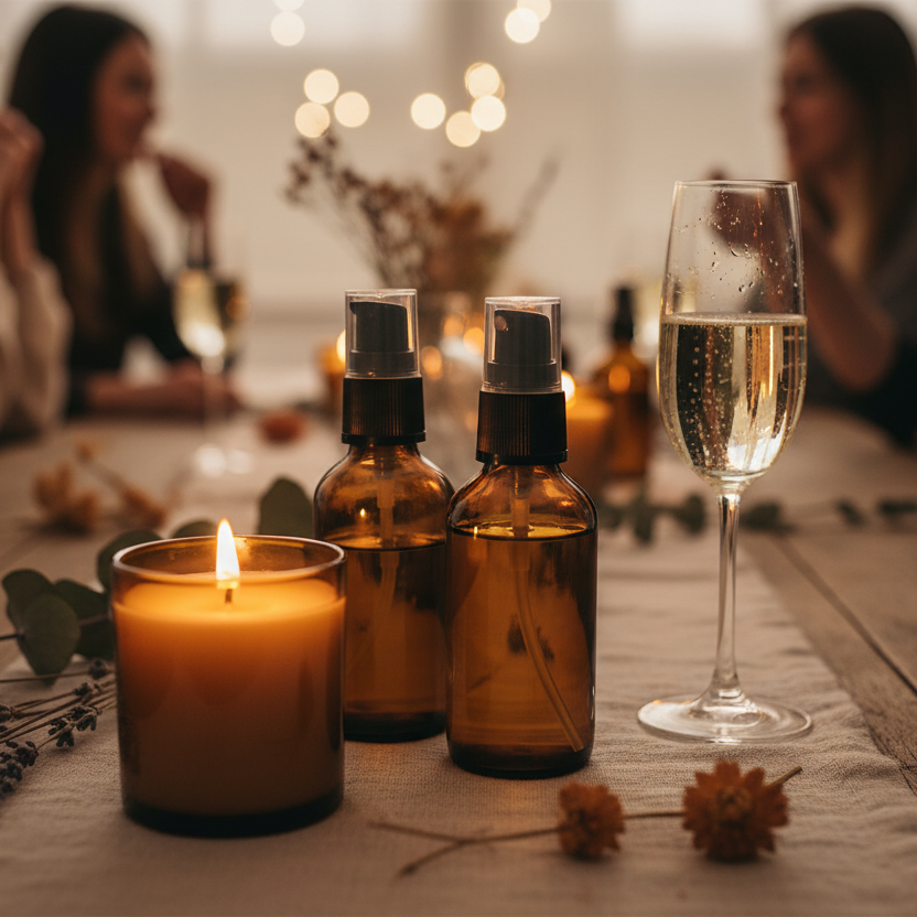 Workshop scene with candle, body oil with treatment pumps and prosecco